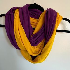 Purple and gold looped infinity scarf